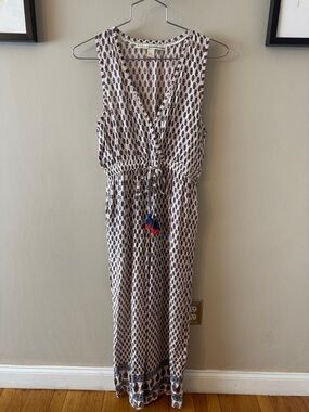 Anthropologie Sleeveless Printed Jumpsuit in White and Navy with Tassel Detail